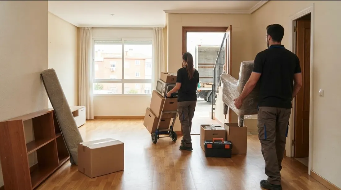 Dos operarios sacando de un piso un carro con cajas y un sillón envuelto en plástico, con el vehículo esperando en la puerta