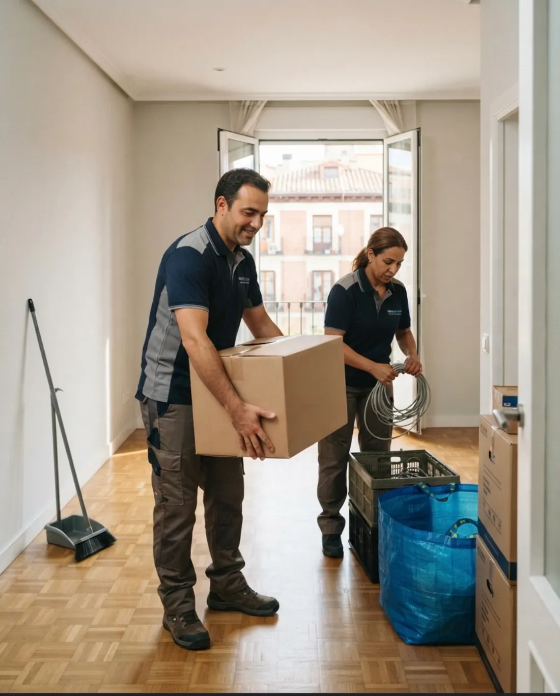 Dos operarios recogiendo cajas y cables en el pasillo de una vivienda, con una escoba y un recogedor apoyados en la pared