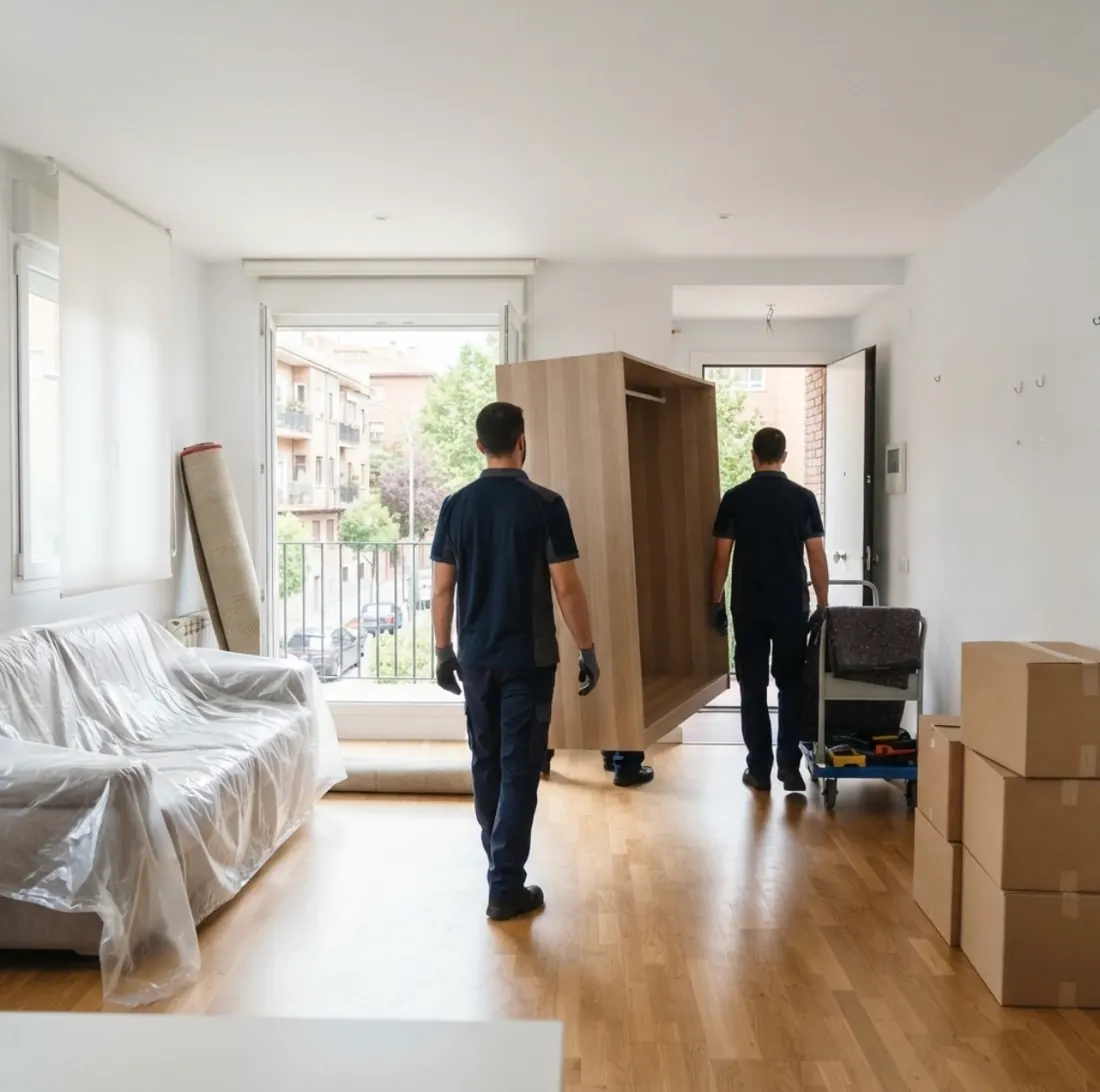 Dos operarios sacando por la puerta de un piso un armario de madera entre los dos, con cajas apiladas al fondo